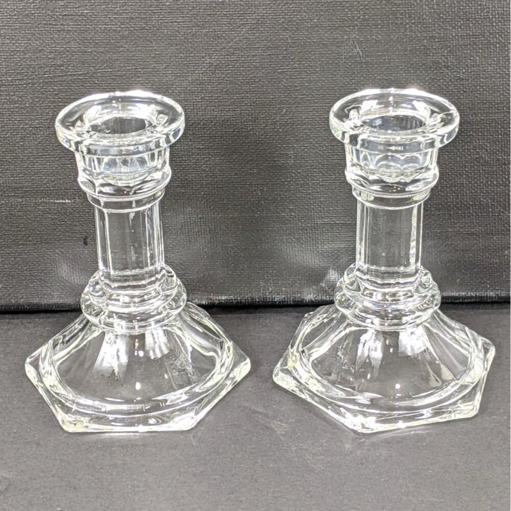 Vintage Clear Glass Hexagonal Candlestick Holders 2 Piece Set Elegant Home Decor